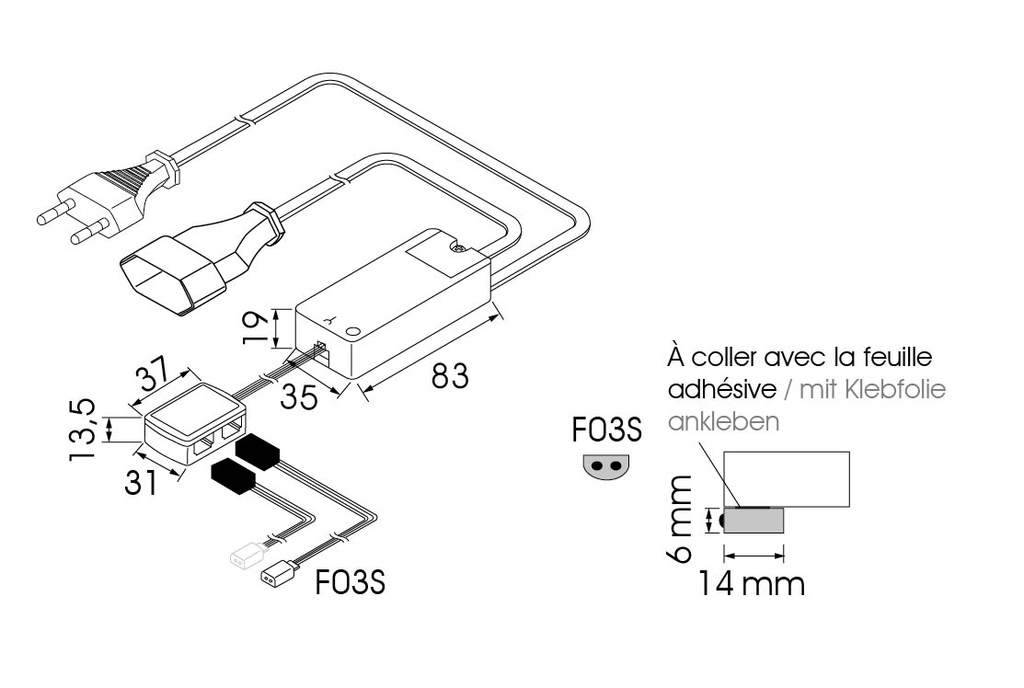 Switch box avec 2 capteurs apparents standards - input 3m de câble - output boîtier 30cm de câble - câble de 3m sur cellules - SPS3F03S
